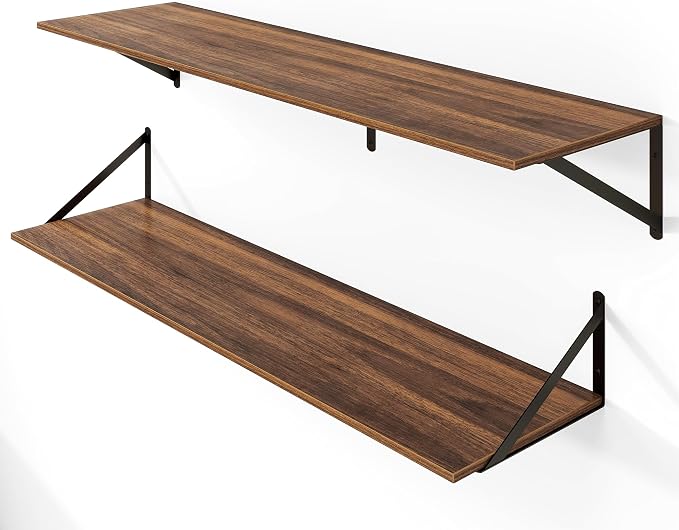 Heimlove 12 Inch Deep Floating Shelves for Wall, 44W x 12D Wood Wall Shelves Set of 2, Walnut Wide Floating Bookshelf for Living Room, Kitchen, Office, Bedroom, with Black Metal Bracke - Walnut