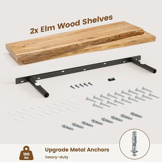 Live Edge Floating Shelves for Wall Decor, Solid Elm Wood Floating Shelves Wall Mounted, Rustic Wall Shelves with Invisible Bracket for Living Room Bathroom Bedroom Kitchen, 36 Inch Set of 2, Natural