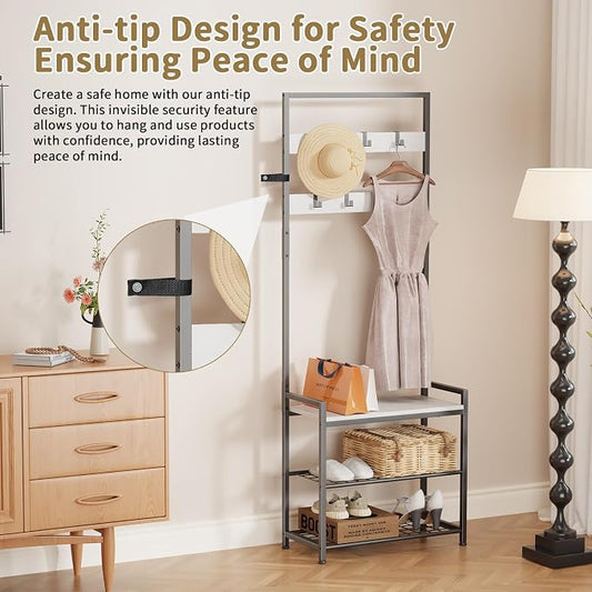 Hall Tree with Shoe Storage Bench - Entryway Bench with Coat Rack and Hooks - 3-in-1 Small Hall Tree for Entry Way, Entrance, Hallway, Doorway, Front Door, Mudroom, Small Space - Rustic Brown