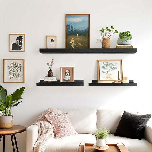 LaVie Home Floating Shelves for Wall Storage Set of 4, 15.6 Inch Picture Ledge Shelf, Black Wall Shelves with Lip for Kitchen, Bedroom, Bathroom, and Living Room