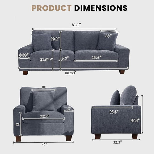 DOPEDIO Modern Living Room Sofa Set, 88.58" Chenille Loveseat with 2 Accent Chairs, Removable Covers, Spring Cushions, Solid Wood Frame, Easy Assembly(88.58inch+2 Single,Blue)