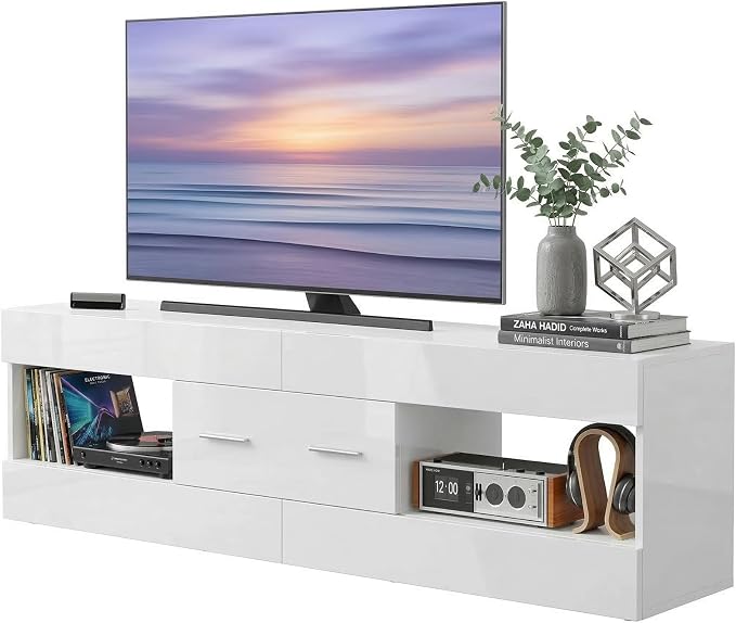 Bestier TV Stand for 55/60/65 Inch TV, High Gloss Modern TV Stand with Stone-Patterned Side Panels, LED Entertainment Center with Large Drawer, TV Consoles for Living Room, Bedroom, Glossy White