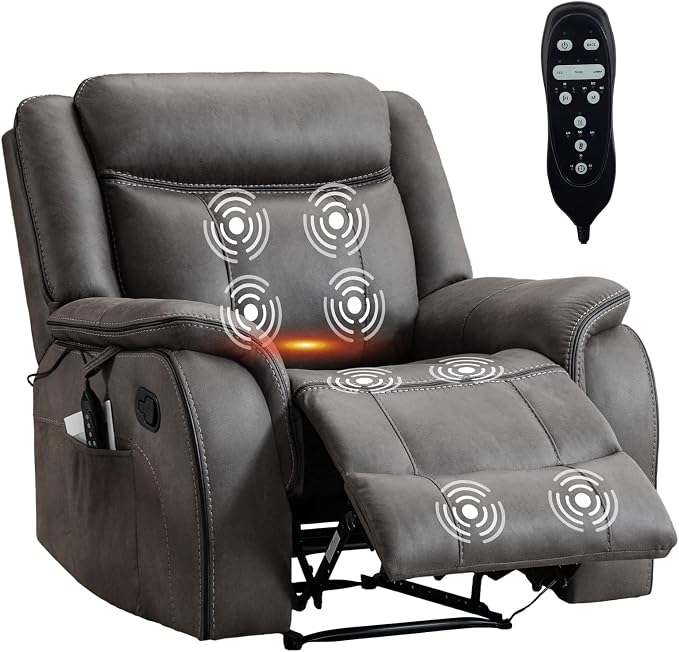 Massage Recliner Chair with Heat, Faux Leather Recliner Chairs for Adults, 39" Wide Manual Reclining Ergonomic Lounge Chair, Overstuffed Wall Hugger Recliners for Living Room, Grey