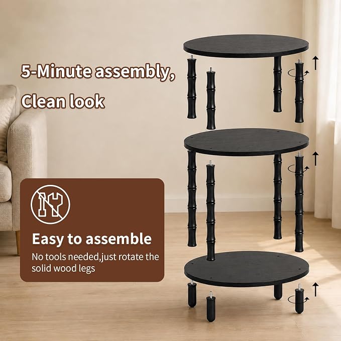 Side Table, 3-Tier Oval Accent Small End Table, Modern Oval Nightstand Accent Table for Small Space, Bedrooms, Living Room, Easy to Assemble, Black