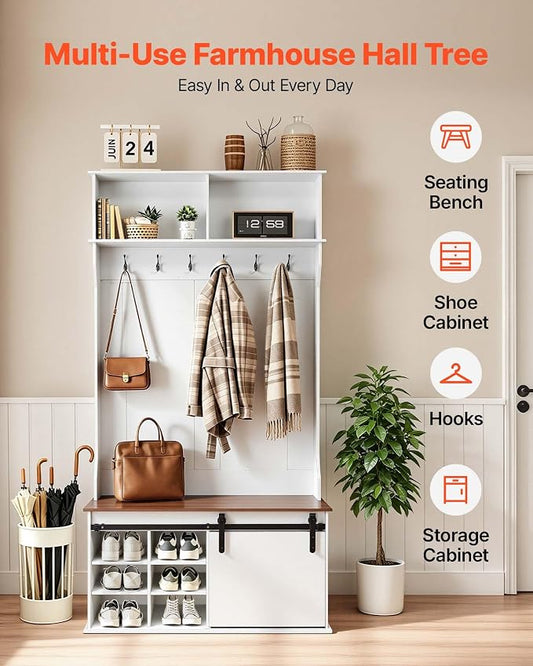 VEVOR Hall Tree with Bench and Shoe Storage, 42" Wide, Entryway Hall Tree with Bench, Hanging Hooks, Storage Shelves, Adjustable Shoe Shelves, Wooden Furniture for Mudroom, Entryway, Hallway, White