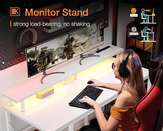 ODK 48 inch Gaming Desk with LED Lights & Power Outlets, Computer Desk with Monitor Stand & Storage Sheves, CPU Stand, Home Office Desk, White