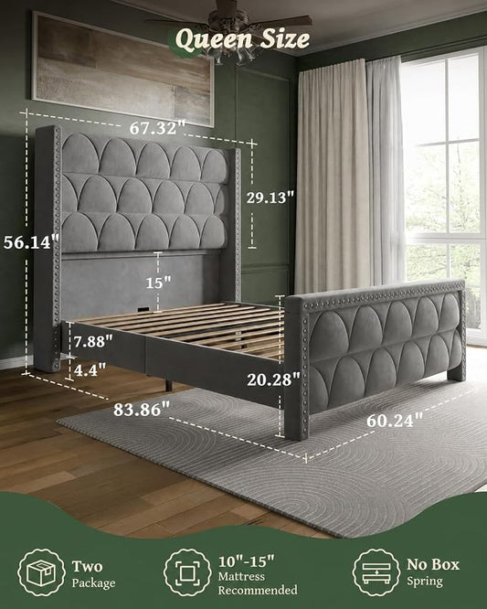OHOHOLIVE Queen Size Bed Frame with 56" Headboard - Velvet Upholstered Wingback Platform Bed Frame, Noise Free, Sturdy Wooden Slat Support (Deep Gray, Queen)