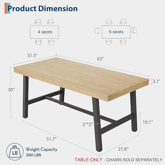 GarveeHome Industrial Dining Table for 4-6 People, 63" Long Large Kitchen Table with Sturdy Metal Frame, Rectangular Counter for Dinner, Kitchen, Dining Room (Natural, 63" Non-extendable)