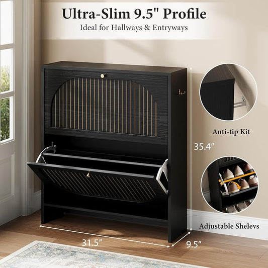 Nicetree Arch-Chic Shoe Cabinet for Entryway, 2 Flip Drawers Shoe Storage Cabinet with Fluted Slim Design, 9.5" Ultra-Narrow Shoe Rack, Tipping Protection, Fits Size 13.5 Shoes