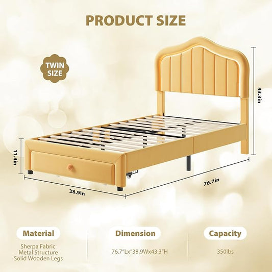 GarveeHome Twin Upholstered Bed Frame with Storage Drawer and Smart Led Headboard, Twin Size Platform Bed Frames for Kids, Wooden Slats Support, No Box Spring Needed, Easy Assembly, Yellow