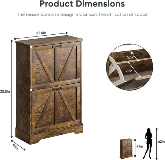 Smart FENDEE Shoe Cabinet, Shoe Storage Cabinet for Entryway with 2 Flip Drawers, Narrow Farmhouse Shoe Organizer Cabinet, Slim Shoe Rack Cabinet, 23.6in Rustic Brown