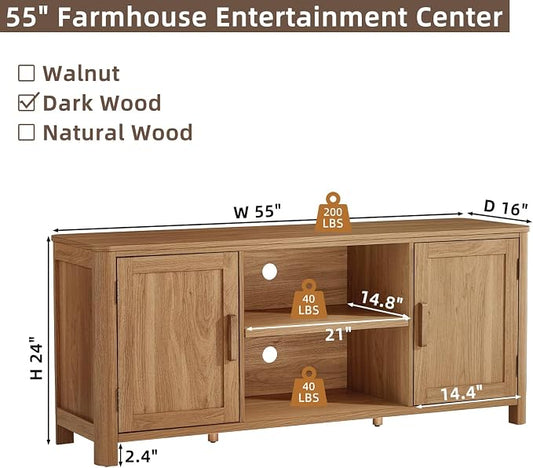 Joaxswe Farmhouse 55" Tv Stand,Dark Wood Entertainment Center with Adjustable Shelves & 2 Door Storage,Wooden Media Console Cabinet for TVs Up to 65 inches, Rustic Tv Stands for Living Room,Bedroom