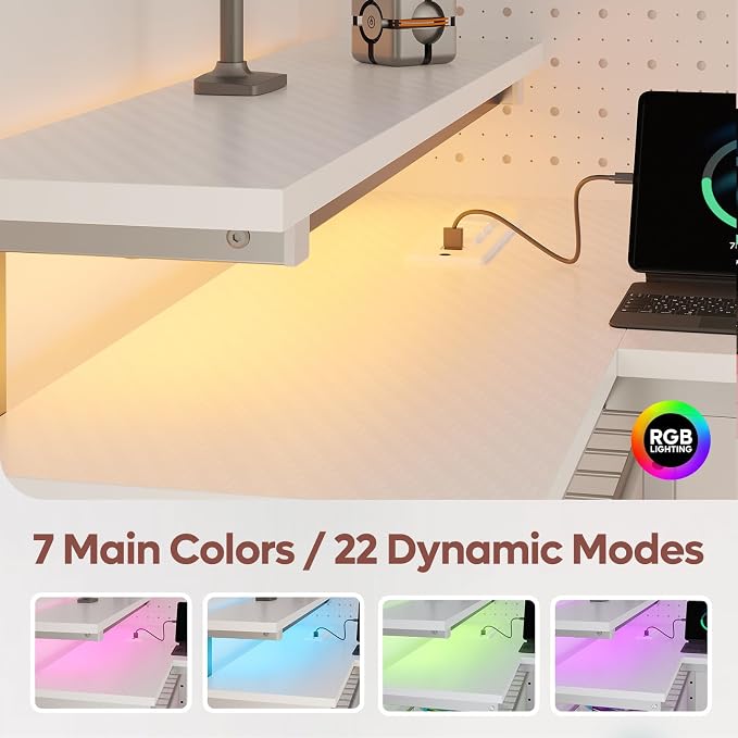 Bestier White Computer Desk with Charging Port & LED Strip,42 inch Modern Gaming Desk with Reversible Storage Shelves,Small L Shaped Desk with Hooks for Home Office