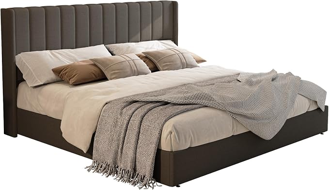 Jocisland King Size Lift Up Storage Bed Frame, Linen Upholstered Platform Bed with Vertical Channel Tufted Headboard and Wingback, Hydraulic System, No Box Spring Needed, Wood Slats Support, Dark Gray