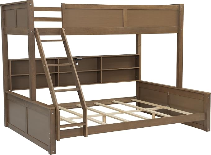 RUNNA Twin XL Over Queen Bunk Bed with Storage,USB Ports,Wood | Twin XL over queen bunk bed with storage cabinets, USB, solid pine wood, guardrails, no box spring needed,Wood