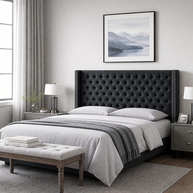 Madison Park Queen Wingback Upholstered Tufted Headboard, Featuring High-Density Sponge Padding, Adjustable Height Headboard, Easy Assembly, Black Velvet