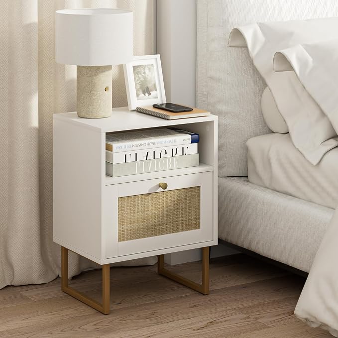 Masupu Rattan Nightstand,Modern Boho Farmhouse Wood Bedside Table with Storage Drawer and Open Shelf,Small Gold Frame Side End Table for Bedroom,Living Room,Office(White)