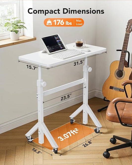 ErGear Small Standing Desk Adjustable Height, 6 Height Settings Up to 46.5″, Walking Pad Desk with Triangular Leg Design, Smooth Mobility with Lockable Wheels, Standing Desk for Walking Pad, White