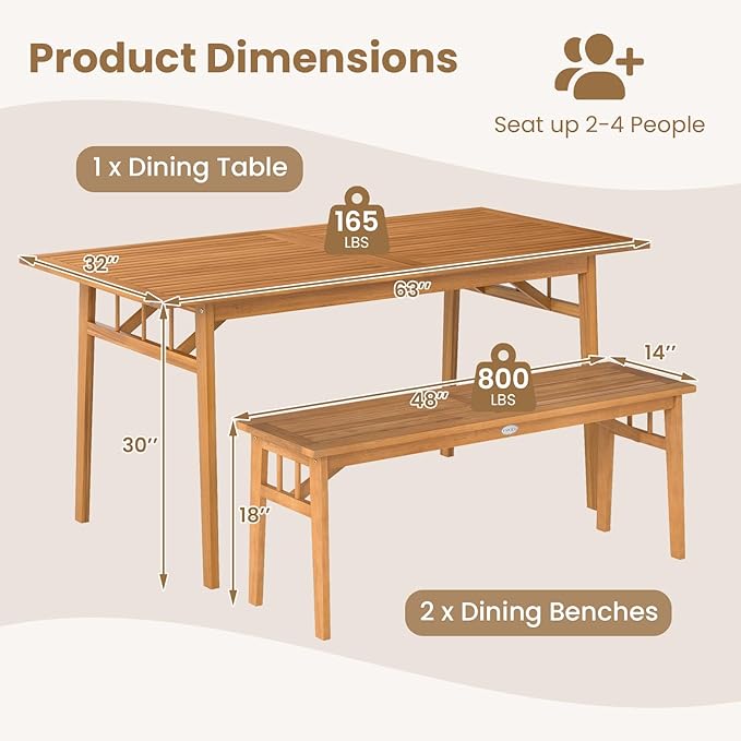 Tangkula 3 Pieces Patio Dining Set, Acacia Wood Space Saving Outdoor Rectangular Picnic Table with 1.97” Umbrella Hole and 2 Benches, for Yard, Garden and Poolside