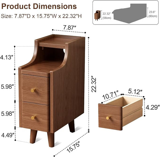 Narrow Nightstand with 2 Drawers,Walnut Nightstand,Bedside Table,Solid Wood Modern Bedside Table for Bedroom,Study,Toilet