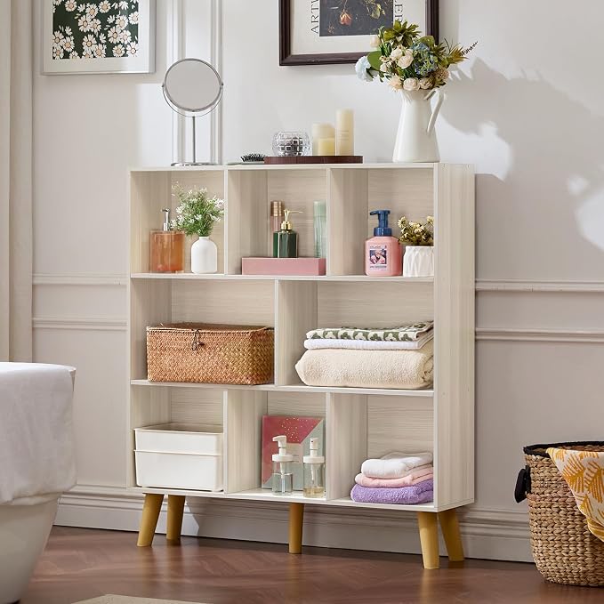 LEYAOYAO 8 Cube Bookshelf,3 Tier Bookcase with Legs,Light Grey White Mid-Century Modern Bookshelves,Large Open Storage Organizer Shelf, Wooden Book Case