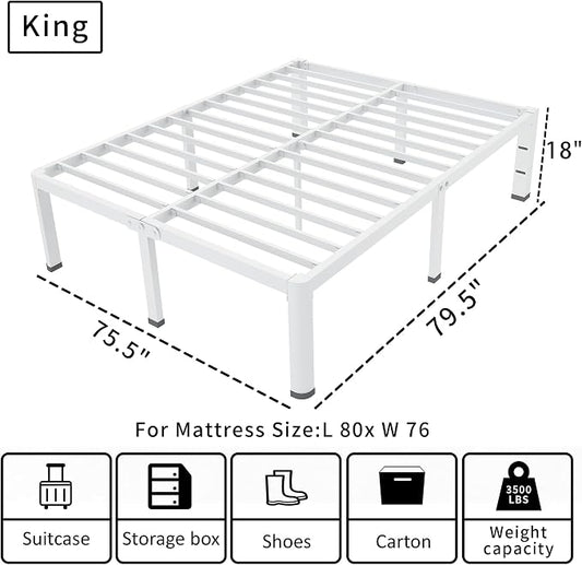 ROIL 18 Inch White King Size Bed Frame with Rounded Corner and Headboard Hole Mattress Retainers 3500LBS Heavy Duty Steel Slats No Box Spring Needed Platform Noise-Free Easy Assembly