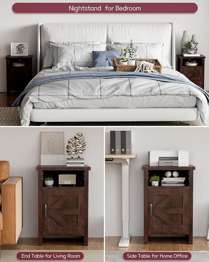 YESHOMY Farmhouse Modern Nightstand with Shelf and Barn Door, Set of 1 for Bedroom, Espresso