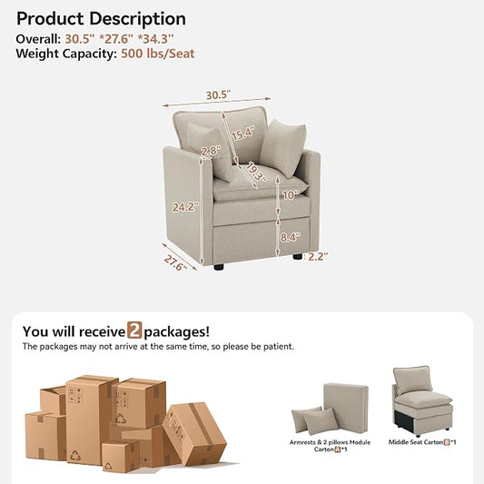 30" Beige Faux Leather Sofa Chair, Single Cloud Accent Chair with Storage | Modern Upholstered Deep Seat Sofa Chair, Comfort for Reading, Lounging, and Small spaces, Armchair for Living Room, Bedroom