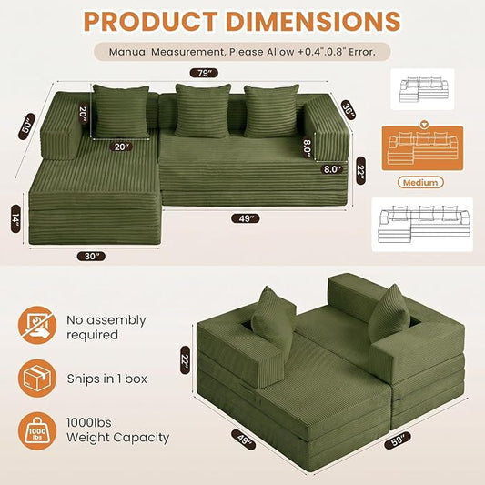 79" Modular Sectional Sofa, Boneless Convertible Sleeper Sofa Bed, Modern Tri-Folding Cloud Couch with L-Shape Chaise, Corduroy Futon for Living Room Small Spaces Apartment, No Assembly,Green