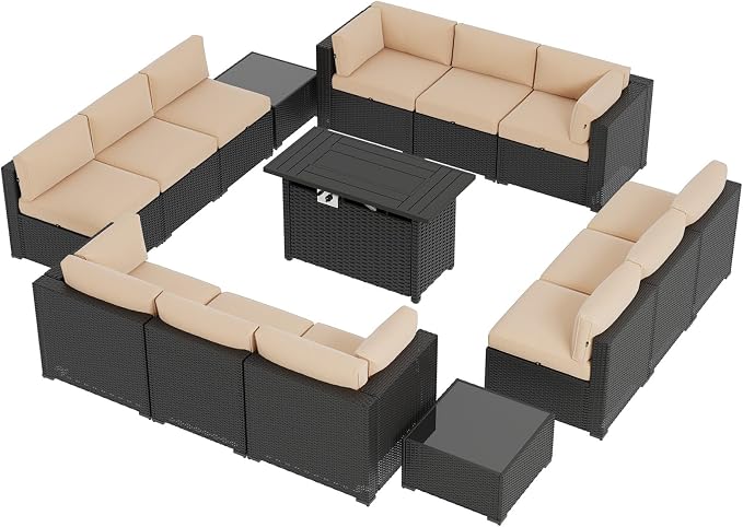 Aoxun 15 Piece Patio Furniture Set with 44” Fire Pit Table Wicker Rattan Patio Sectional Sofa Set Outdoor Seating Furniture with Thickened Cushion, Beige