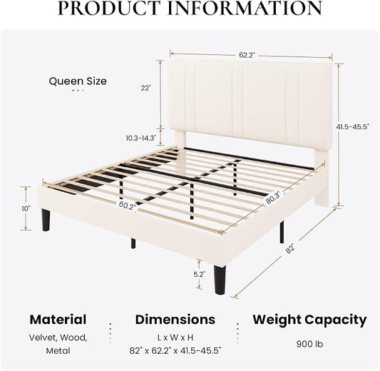 SHA CERLIN Queen Size Platform Bed Frame, Velvet Upholstered Bed with Adjustable Headboard, Vertical Channel Tufted Design, Sturdy Wood Slat Support, No Box Spring Needed, Easy Assembly, Cream White