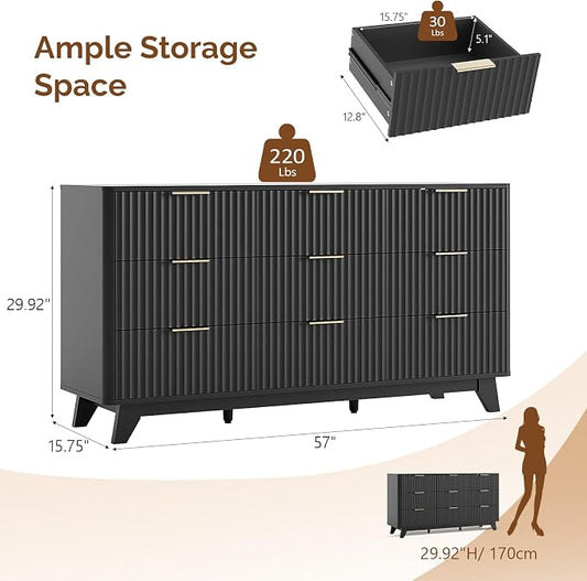 VINGLI Black Dresser 9 Drawer, Fluted Dresser with Rounded Edges, 57" Long Modern Dressers for Bedroom, Black and Gold, 57" W*15.75" D*29.92" H
