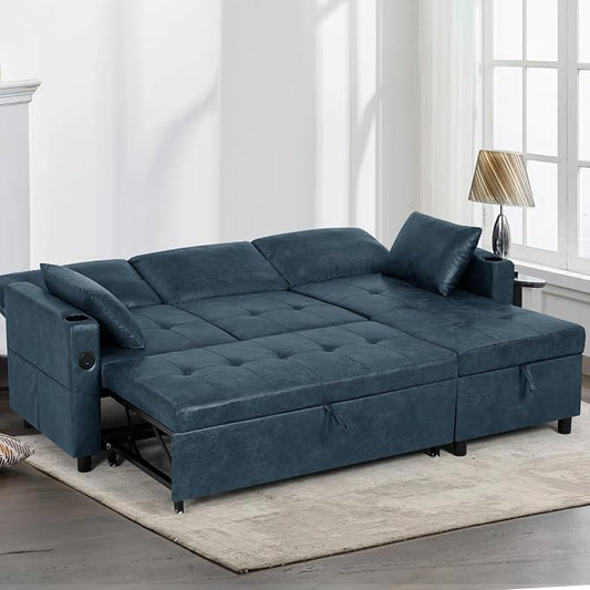 84" L-Shape Pull Out Sofa Bed with Adjustable Backrest, Upholstered Sectional Sleeper Sofa with Storage Chaise, Suede Leather Reversible Couch Bed with USB Port for Living Room, House, Blue