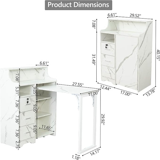 Fold Out Desk with Storage, Hidden Desk with Lockable Drawers & Shelves, Built-in Power Outlet,Folding Desk for Study and Home Office (Marble-Effect White)