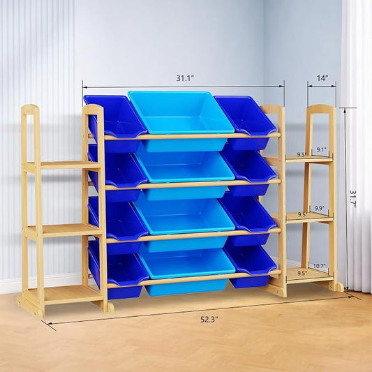 Kids Toy Storage Organizer with Bookshelf – Wooden Shelf with 12 Bins & 6 Shelves, Quick Assembly Storage Rack for Playroom, Bedroom, Nursery– Blue