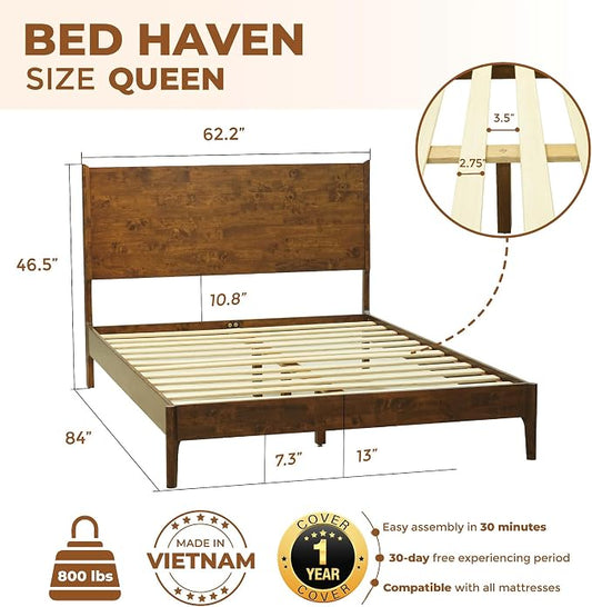 Acacia Haven Queen Bed Frame and Headboard, Platform Bed Frame Scandinavian Wood Bed Compatible with All Mattress Types, Wood Slats Support 800lbs Capacity, Quick & Easy Assembly, Walnut.