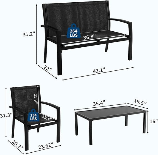 Garvee 4 Piece Patio Bistro Furniture Set, Outdoor Conversation Set with 3 Chairs, Loveseat & Glass Coffee Table, All-Weather Textilene Fabric & Steel Frame for Backyard, Poolside, Porch, Lawn - Black
