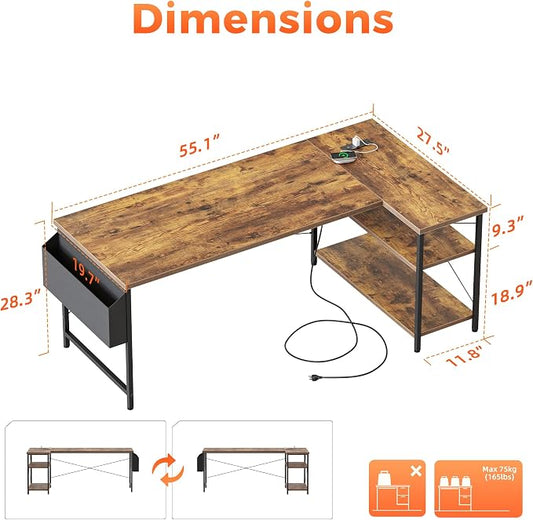 Mericonia Small L Shaped Computer Desk with Power Outlets, Reversible Gaming Desk with Storage Shelves, Corner Gamer Desk Table, Study Writing Table