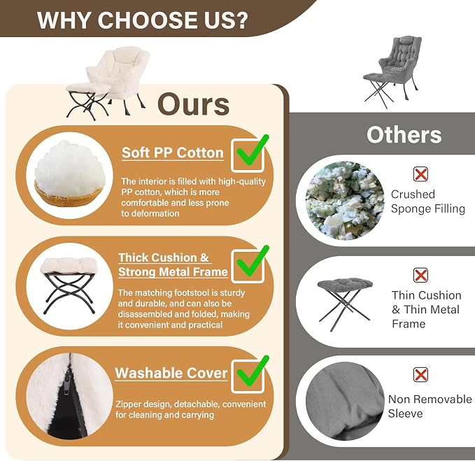 Lazy Chair with Ottoman, Modern Accent Chair Sofa Chair with Armrests, Reading Chair and Folding Footstool for Living Room, Bedroom, Office, Plush Beige