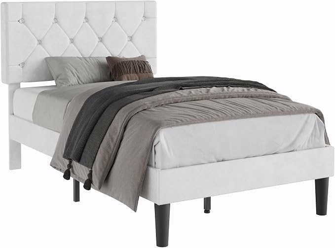 VECELO Twin Size Bed Frame with Diamond Tufted Headboard, Upholstered Platform Bedframe with Wood Slat Support, No Box Spring Needed, Velvet & White