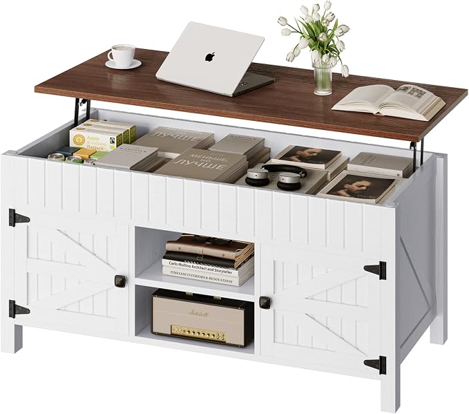 47.3“ Lift Top Coffee Table with Storage - White Coffee Tables for Living Room, Farmhouse Wood Center Table, Large Rectangle Middle Tables with Hidden Compartment & Adjustable Shelf