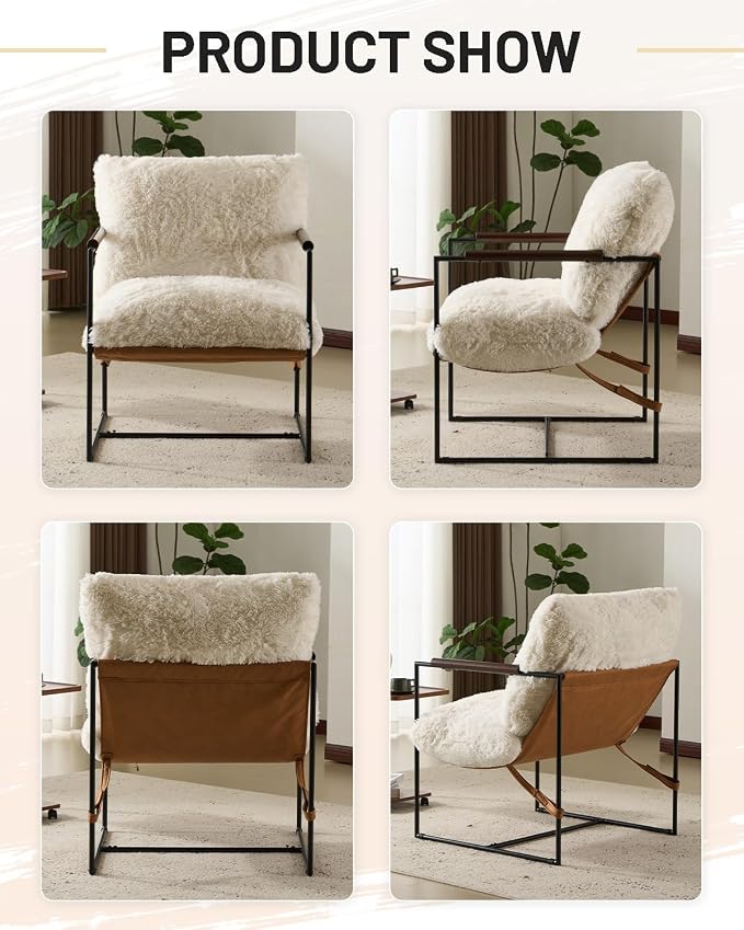 Karl home Modern Metal Frame Accent Chair, Creamy | Plush Fleece Upholstered, Wood Padded Armrest, 28" Seat Width, Comfy Lounge Armchair for Living Room, Bedroom, Apartment