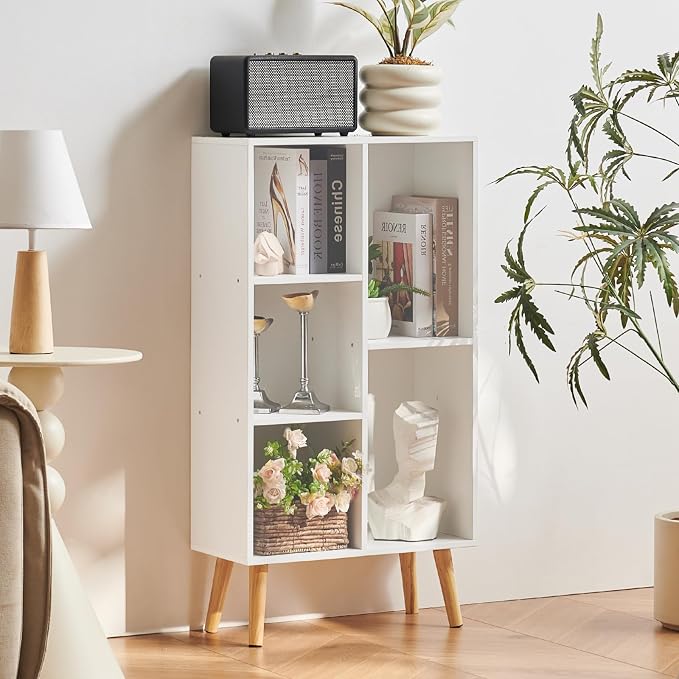 LEYAOYAO 5 Cube Bookshelf 3-Tier Bookcase with Legs,Mint White Kids Book Shelf Cute Storage Organizer,Free Standing Open Toy Shelves Wood Bookshelves,Display Bookcases for Bedroom,Living Room,Nursery