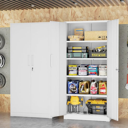 Bonusall 72" Metal Garage Storage Cabinet, 2 Locking Doors & 4 Adjustable Shelves Tall Storage, Heavy Duty Steel Tool Cabinet for Home, Office, Warehouse, School - White