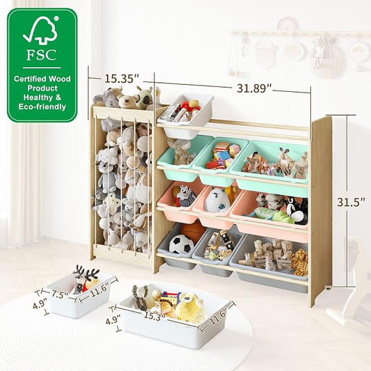 EXPERLAM Kids Toy Storage Organizer, 2-in-1 Stuffed Animal Storage & Toy Organizer w/12 Bins, Solid Wood Toy Rack Featuring Thicker Elastic Ropes to Hold Toys, Playroom Nursery Bedroom Storage, Multi