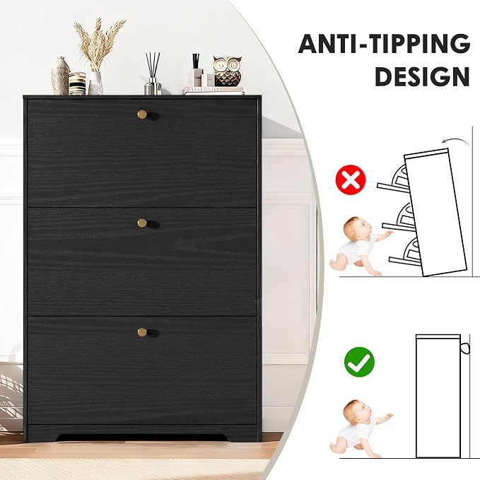 Nicetree Shoe Cabinet with 3 Flip Drawers, Narrow Shoe Organizer Cabinet, Freestanding Shoe Rack Cabinet, Modern Shoe Storage Cabinet for Entryway, Hallway, Foyer, Black with Hook
