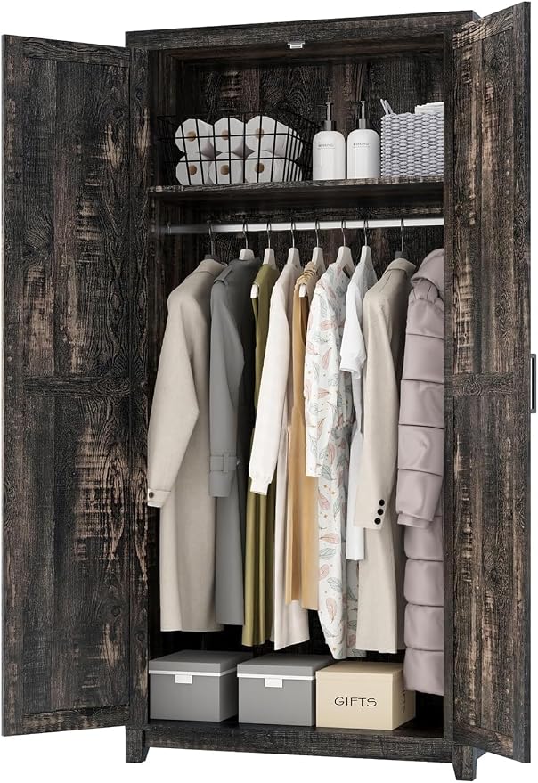 LUXOAK 70" Large Armoire Wardrobe Closet Set of 2 with Hanging Rod, Farmhouse Clothing Storage Cabinet with 4 Barn Doors, Wooden Tall Bedroom Armoires with Shelf, Dark Oak Wood