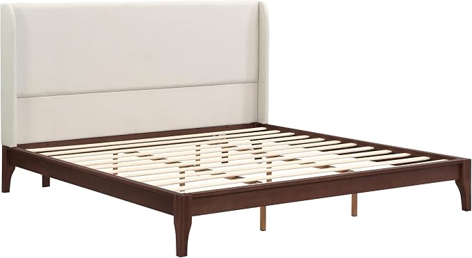 Merax Mid-Century Bamboo Platform Bed with 48" Upholstered High Headboard, King Size Bed Frame with Wood Slat Support, No Box Spring Needed, Easy Tool-Free Assembly, Beige+ Chocolate