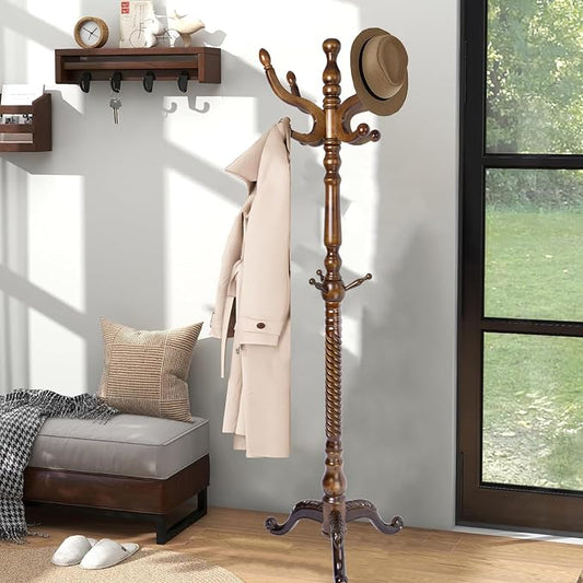 Coat Racks Freestanding, Natural Wood Coat Stands with 14 Hooks, 73" Heavy Duty Adjustable Height Vintage Hall Tree for Entryway, Bedroom, Office, Easy Assembly (Triangular Antique)