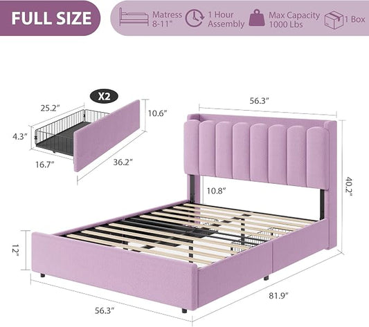 Garvee LED Full Size Bed Frame with Storage Headboard, Kids Bed Frame with 2 Drawers, Boucle Upholstered Platform Bed for Girls, Chic Wavy Headboard with Bookcase, No Box Spring Needed, Purple